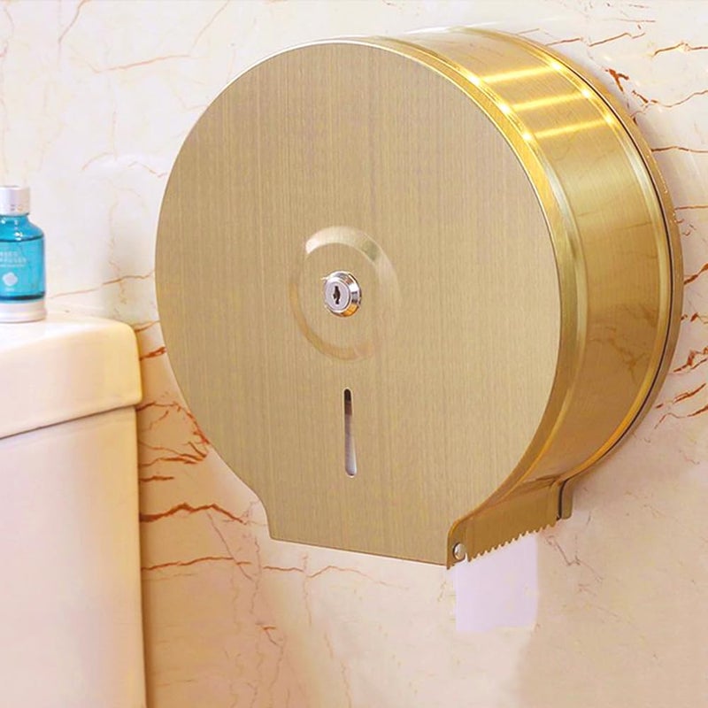 TOBEFORT Commercial Jumbo Toilet Paper Dispenser, Brushed Glod Stainless Steel Toilet Paper Holder Wall Mount, 9 Inch Bathroom Tissue Roll Dispenser with Lock Key - Image 1